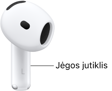 „AirPods&nbsp;4“ jėgos jutiklis yra abiejų „AirPods“ ausinių kojelėse.