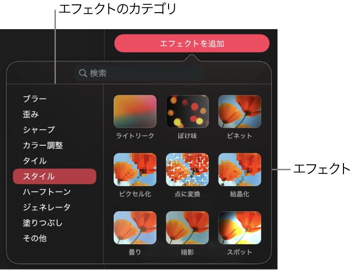 エフェクトブラウザが開いており、現在のカテゴリに含まれるさまざまなエフェクトカテゴリやプリセットのサムネールが表示されています。これらを選択したレイヤーに適用することができます。