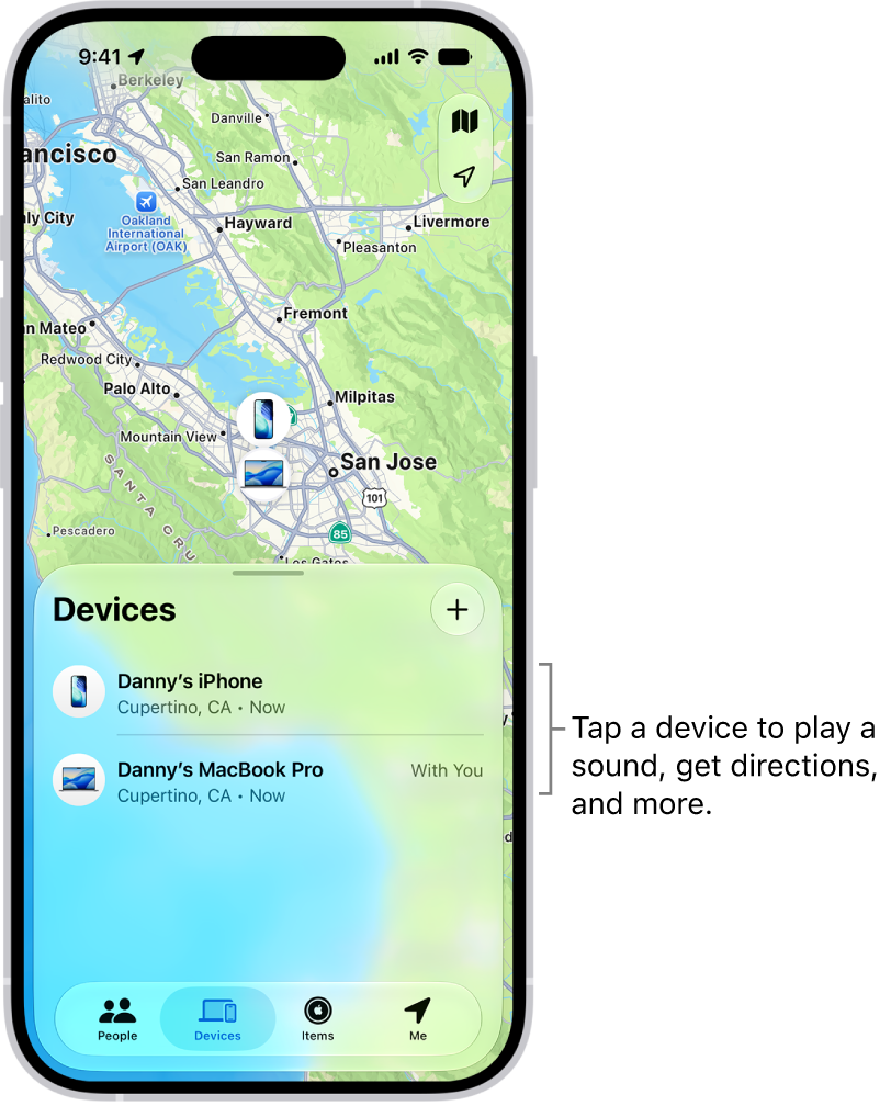 The Find My screen open to the Devices list. There are two devices in the Devices list: Danny’s iPhone and Danny’s iPad. Their locations are shown on a map.