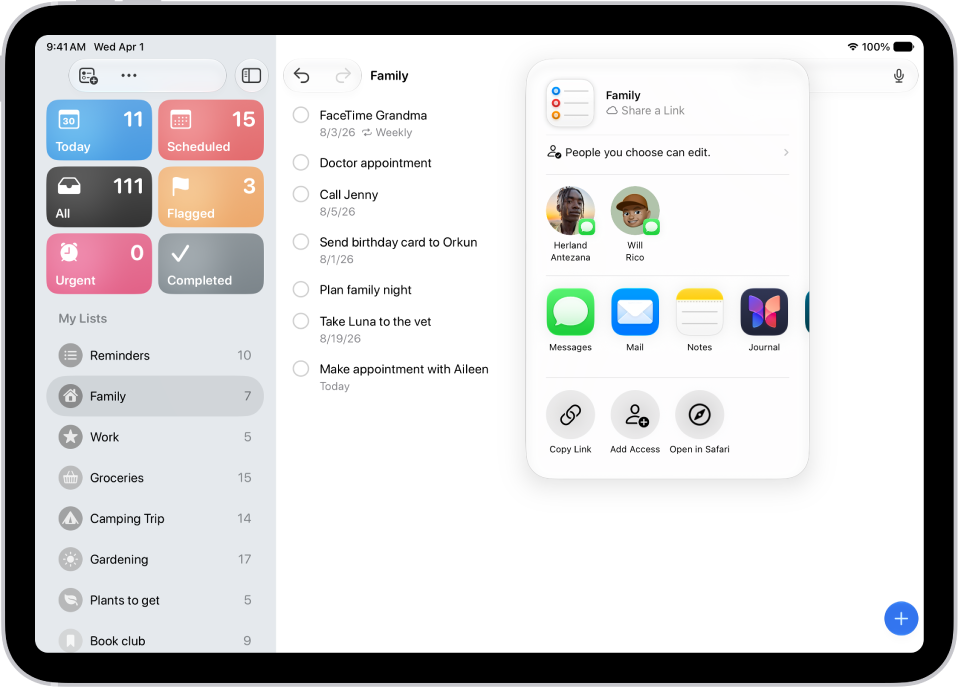 A Reminders screen showing a list with options for sharing on the right.