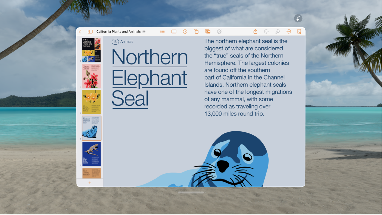The Pages app on Apple&nbsp;Vision&nbsp;Pro, showing an open document and formatting controls at the top.