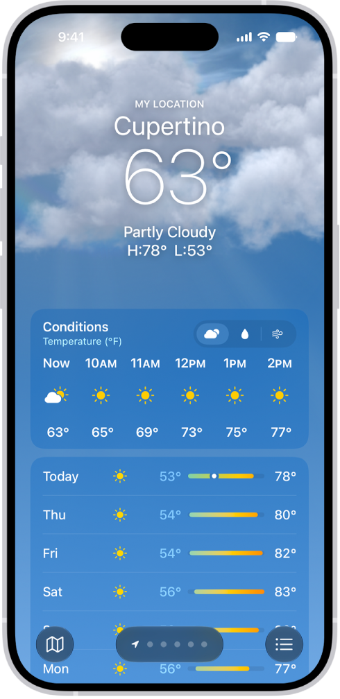 O app Tempo mostrando, de cima para baixo: a localização, a temperatura atual, as temperaturas máxima e mínima do dia, a previsão do tempo de hora em hora e os primeiros dias de uma previsão de 10 dias. Uma linha de pontos na parte inferior central representa outras localizações na lista de localizações. No canto inferior direito está o botão Lista de Localizações e, no canto inferior esquerdo, o botão Mostrar Mapa.