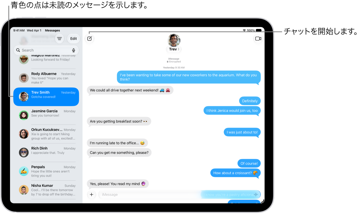 「メッセージ」。左側にチャットリストが表示され、右側に会話の記録が表示されています。未開封のメッセージが青いドットでマークされています。