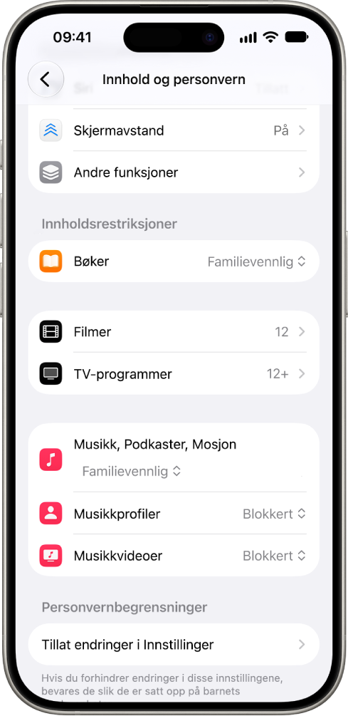 Innhold og personvern-skjermen i Skjermtid-innstillingene viser alternativer for innholdrestriksjoner i kategorier som Bøker, Filmer med flere.
