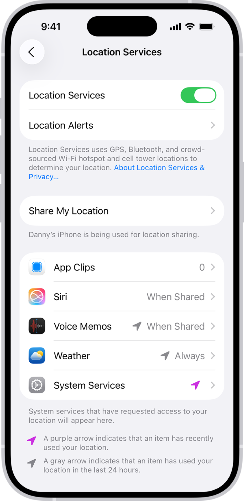 L’écran «&nbsp;Services de localisation&nbsp;», avec des réglages permettant de partager la position de votre iPhone avec des apps.