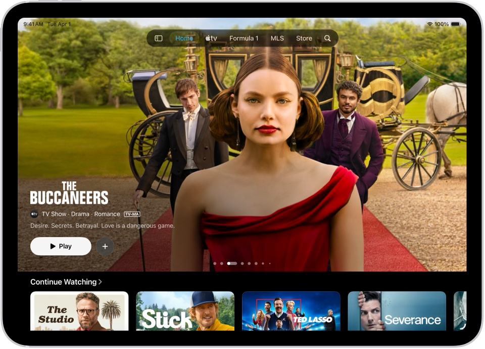 L’onglet Accueil présentant une création Apple&nbsp;Original recommandée au centre, au-dessus du rang «&nbsp;Continuer à regarder&nbsp;». En haut de l’écran, de gauche à droite, se trouvent les onglets Accueil, Apple&nbsp;TV, MLS, Store, «&nbsp;Achats récents&nbsp;» et Rechercher.