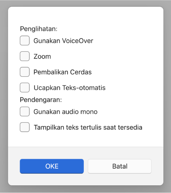 Fitur aksesibilitas di app Perangkat Apple, yang menampilkan pilihan untuk Gunakan VoiceOver, Zoom, Balikkan Cerdas, Ucapkan Teks Otomatis, “Gunakan audio mono”, dan “Tampilkan teks tertulis saat tersedia”.