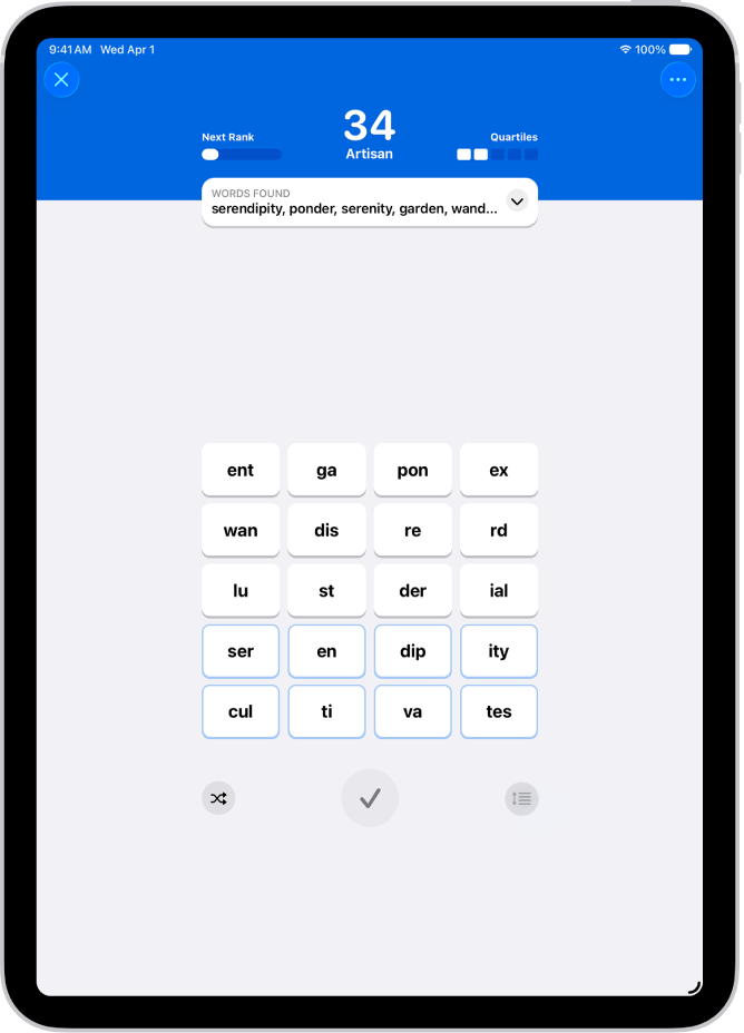 Un puzzle Quartiles dans l’app News.