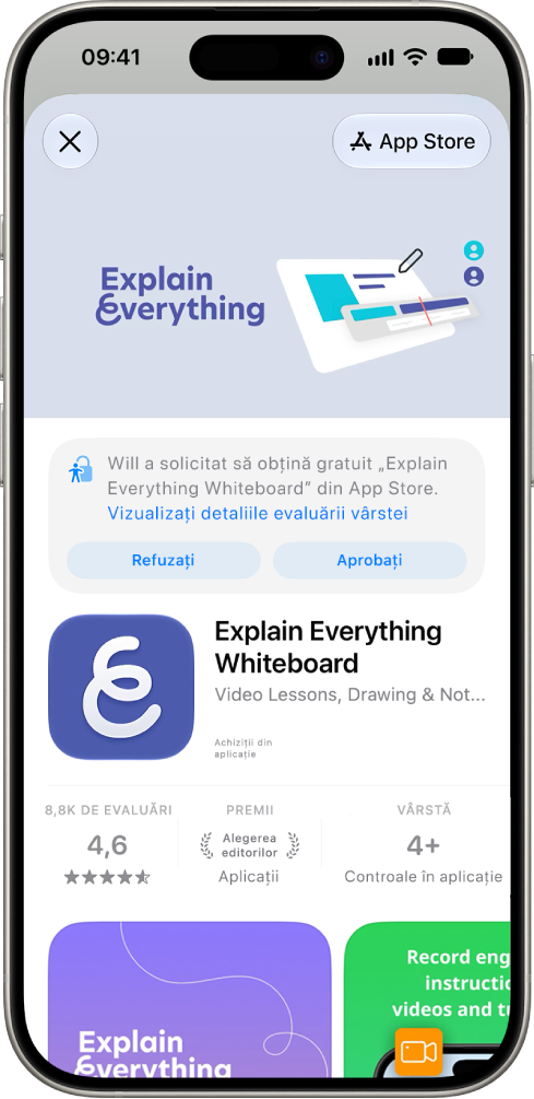 O solicitare de la un copil pentru a descărca o aplicație nouă din App&nbsp;Store.