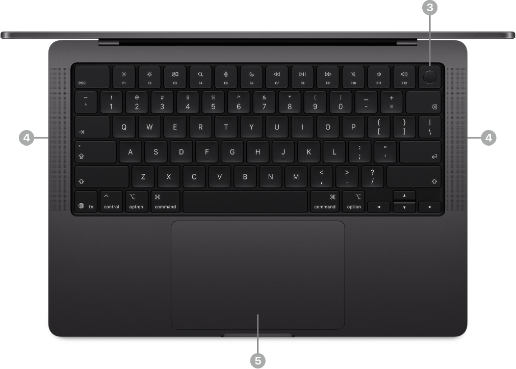 An open MacBook Pro, viewed from above, showing the Touch ID (power) button, speakers, and Force Touch trackpad.