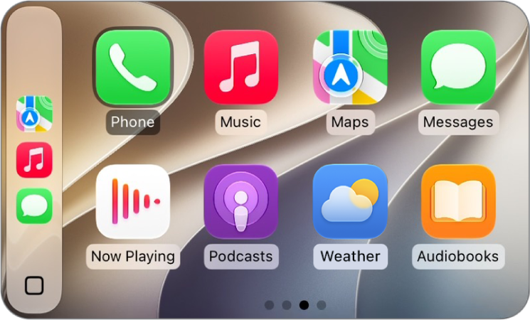 La pantalla de inicio de CarPlay, que muestra las opciones Mapas, Música y Mensajes en la barra lateral. A la derecha hay una colección de otros íconos de apps.