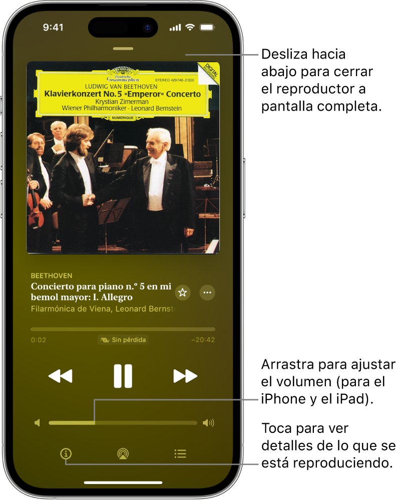 iPhone con la pantalla “En reproducción” en la app Clásica. En la parte superior de la pantalla, hay una barra gris que puedes tocar para ocultar la pantalla “En reproducción” y volver al minirreproductor. Debajo de la barra están la carátula y la línea de tiempo, que muestra la duración de la pista y el tiempo transcurrido. En la parte inferior de la pantalla están los botones Retroceder, Pausar y Avanzar, el control del volumen y los botones Información, AirPlay y “A continuación”.