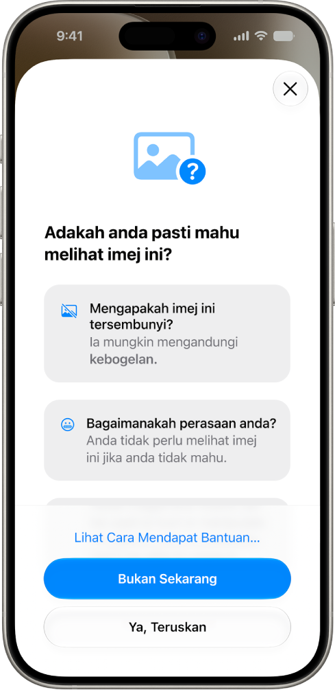 Skrin amaran Keselamatan Komunikasi menunjukkan bahawa kebogelan telah dikesan dengan pilihan untuk mendapatkan bantuan.