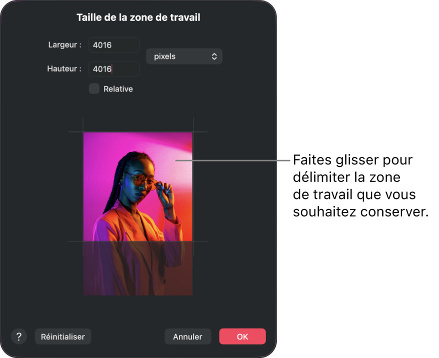 La fenêtre de la taille de la zone de travail.