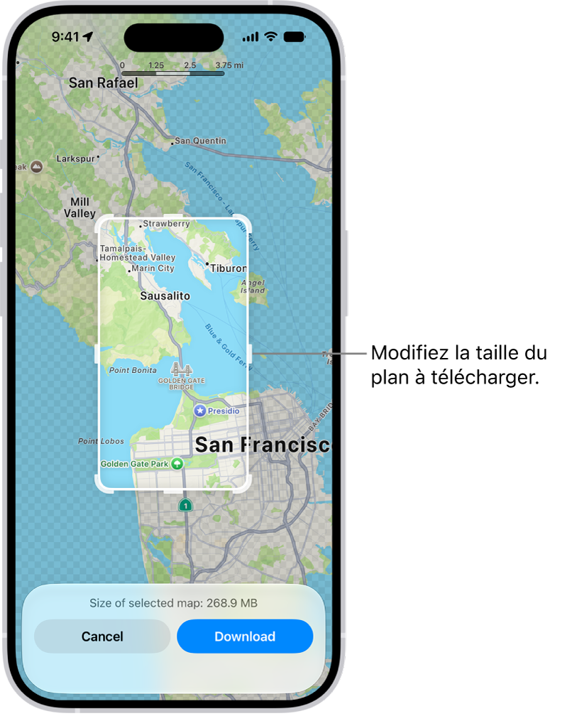 Plan d’un parc national. Le parc est encadré par un rectangle avec des poignées, qui peuvent être déplacées pour modifier la taille du plan à télécharger. La taille de téléchargement du plan sélectionné est indiquée vers le bas du plan. Les boutons Annuler et Télécharger se trouvent en bas de l’écran.