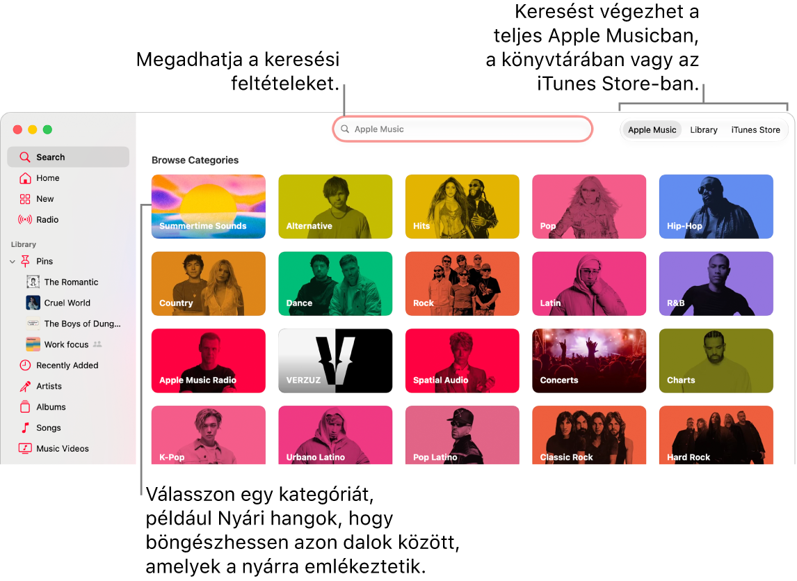 Az Apple Music ablaka a keresési mezőkkel a bal felső sarokban, a kategóriák listájával az ablak közepén, valamint az Apple Music, a Könyvtár és az iTunes Store elemekkel a jobb felső sarokban. Adja meg a keresési feltételeket a keresési mezőben, majd válassza ki, hogy az Apple Musicban, csak a saját könyvtárában vagy az iTunes Store-ban szeretne keresni.