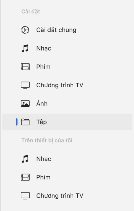 Thanh bên đang hiển thị Tệp được chọn.