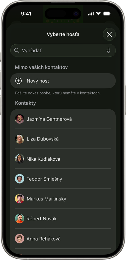 Obrazovka Poslať pozvánky a&nbsp;zoznam kontaktov na iPhone.