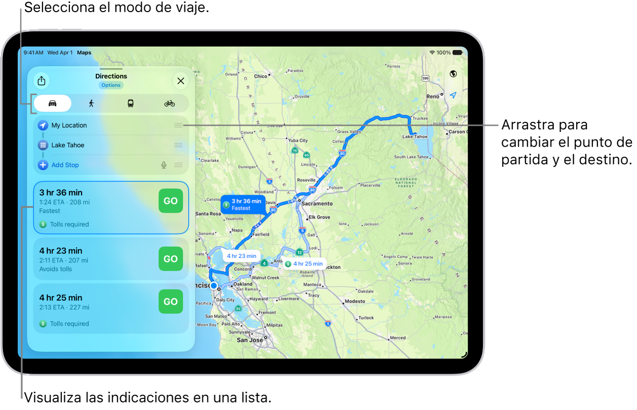 Un mapa con varias rutas posibles para viajar en coche desde “Mi ubicación” hasta un destino.