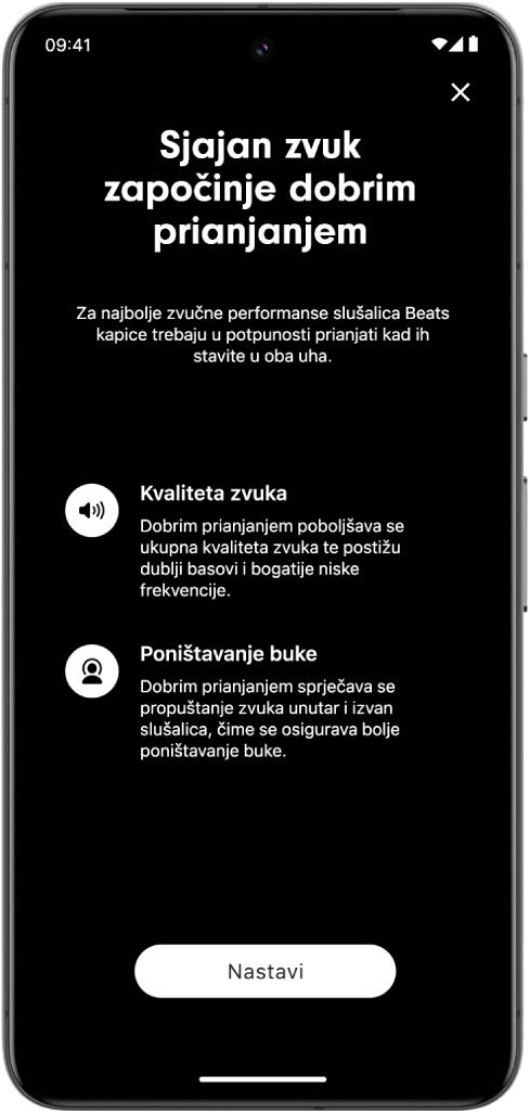 Zaslon Android uređaja koji prikazuje Test&nbsp;prianjanja&nbsp;kapice slušalica.