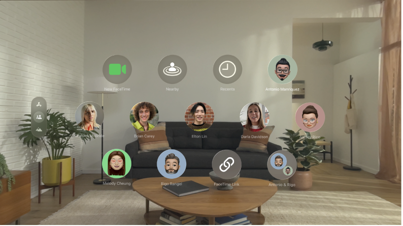 People View on Apple&nbsp;Vision&nbsp;Pro, showing contacts and the option to start a FaceTime call.