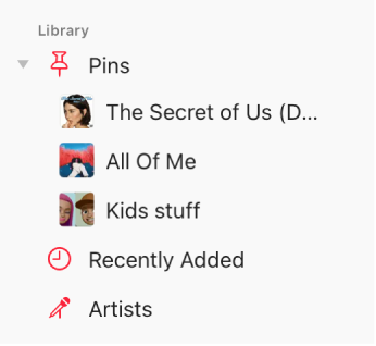 The Music sidebar showing three pinned items in the Library.