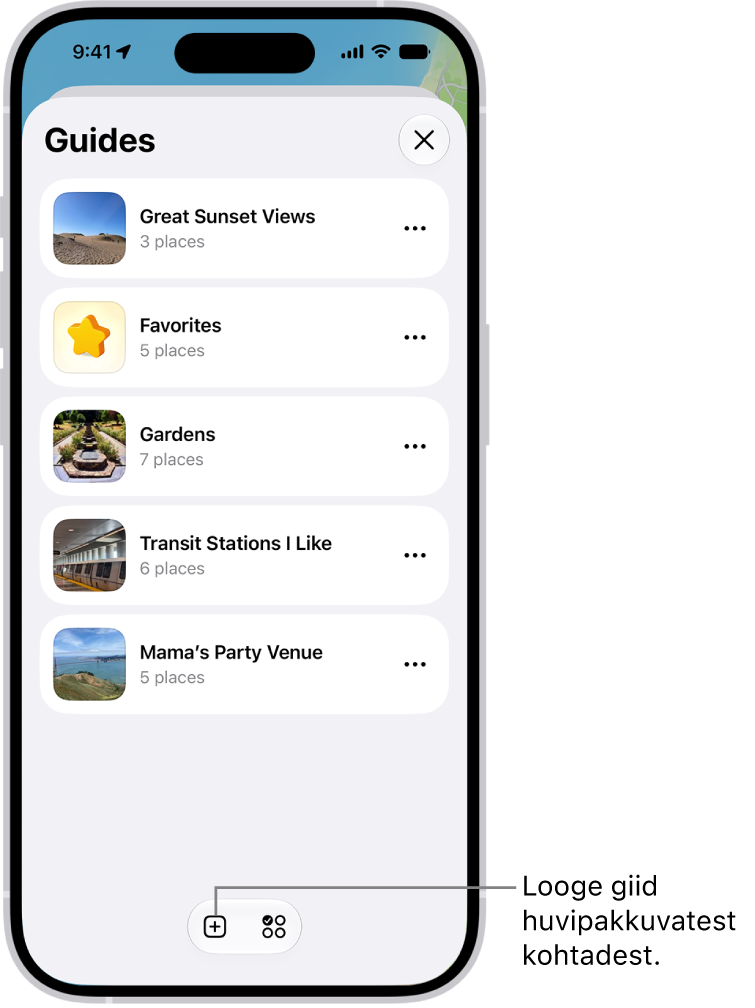 Mapsis on mitme kohandatud giidiga loend, sh kategooriaga Favorites ning üleval paremal nupuga New Guide.