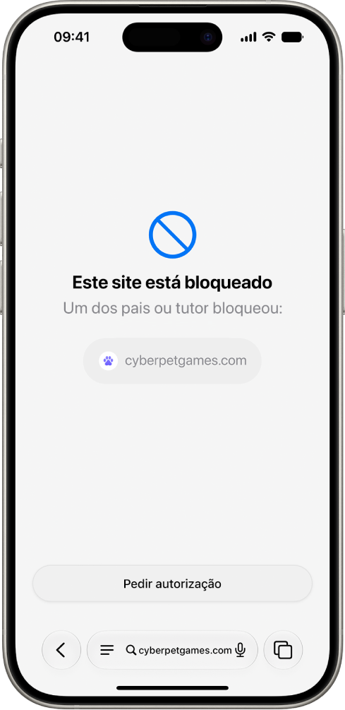 O ecrã da funcionalidade Pedir para navegar a mostrar um site bloqueado no Safari com uma opção para pedir permissão para o visualizar.