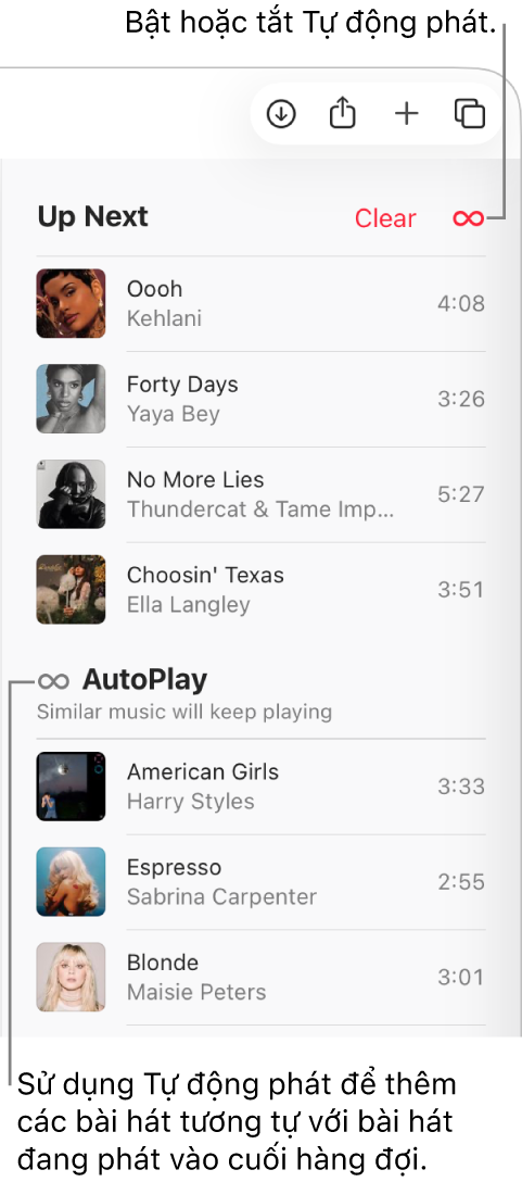 Hàng đợi Tiếp theo nằm ở đầu Apple Music đang hiển thị các nút Xóa và Tự động phát. Tự động phát được bật.