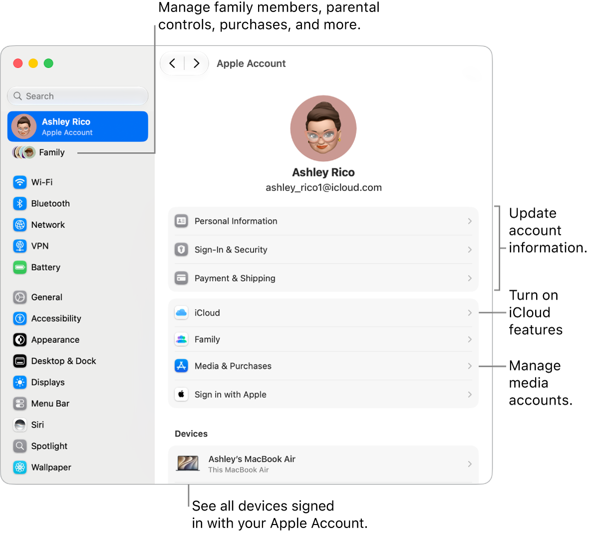 The Apple Account settings in System Settings with callouts to update account information, turn iCloud features on or off, manage media accounts, and adjust Family settings, where you can manage family members, parental controls, purchases, and more.