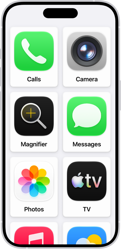 Der Home-Bildschirm eines iPhone mit Apps in einem großen Raster bei aktivierter Funktion „Unterstützender Zugriff“.