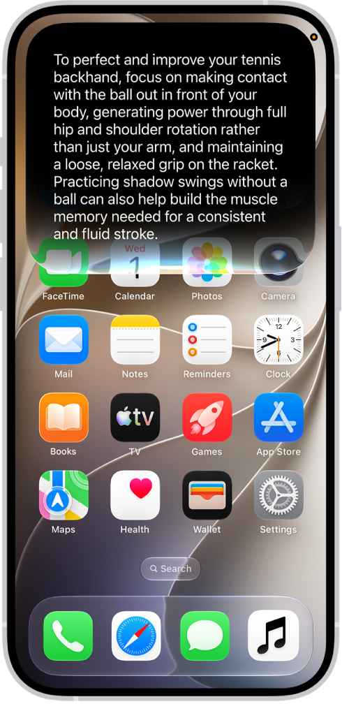 iPhoneに、テニスのバックハンドがうまくなる方法についてのリクエストに回答しているSiriが表示されています。