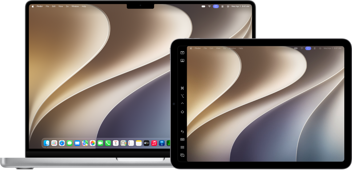 Un MacBook Air et un iPad côte à côte. Les deux écrans affichent le bureau du Mac. Une icône violette de recopie de l’écran est affichée dans la barre des menus du Mac, tandis qu’une icône blanche de recopie de l’écran est affichée dans la barre des menus de l’iPad.