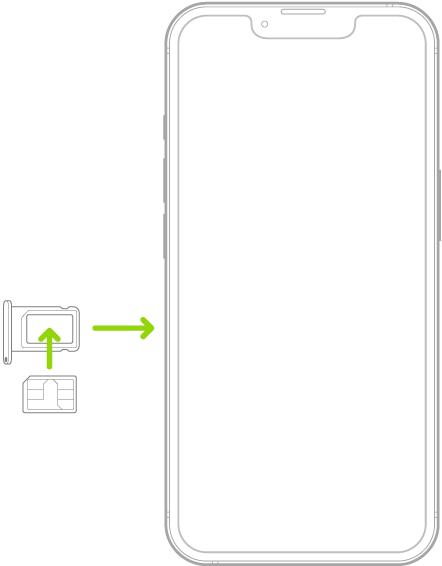 Một SIM đang được lắp vào khay trên iPhone; góc được vát nằm ở phía trên bên trái.