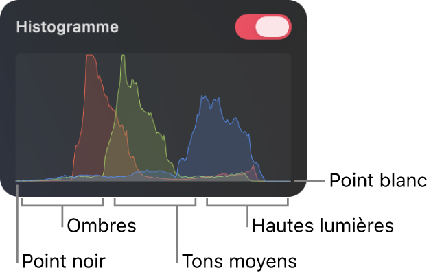 L’histogramme RVB dans la sous-fenêtre «&nbsp;Réglages des couleurs&nbsp;».