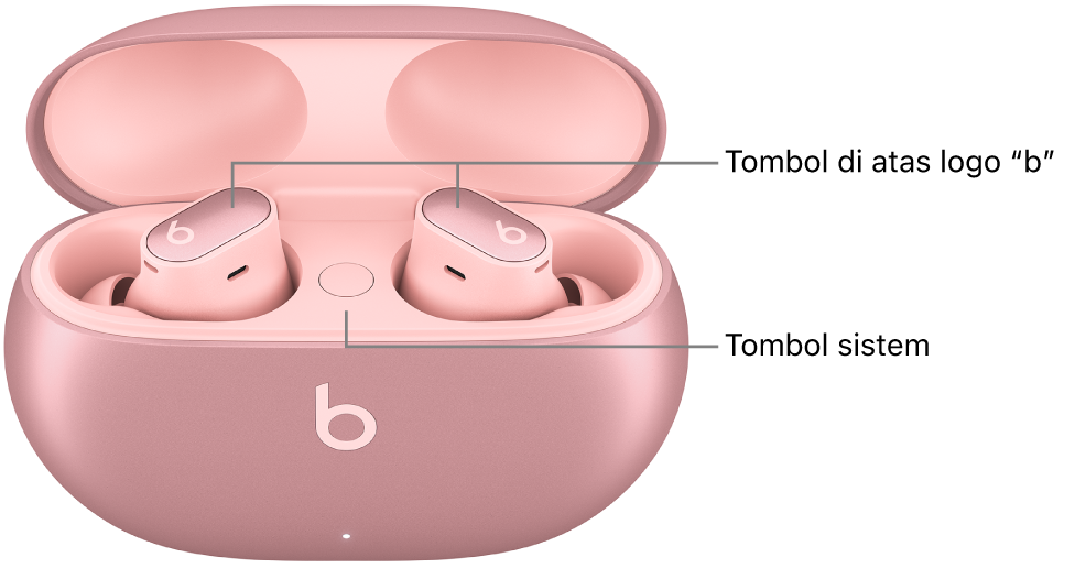 Gambar Beats Studio&nbsp;Buds&nbsp;+ yang menampilkan lokasi tombol di atas logo “b” di earbud dan lokasi tombol sistem di dalam casing pengisian daya.