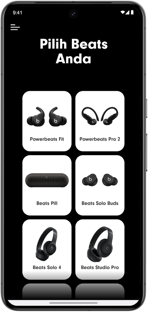 Skrin Pilih Beats Anda app Beats menunjukkan peranti Beats disokong.