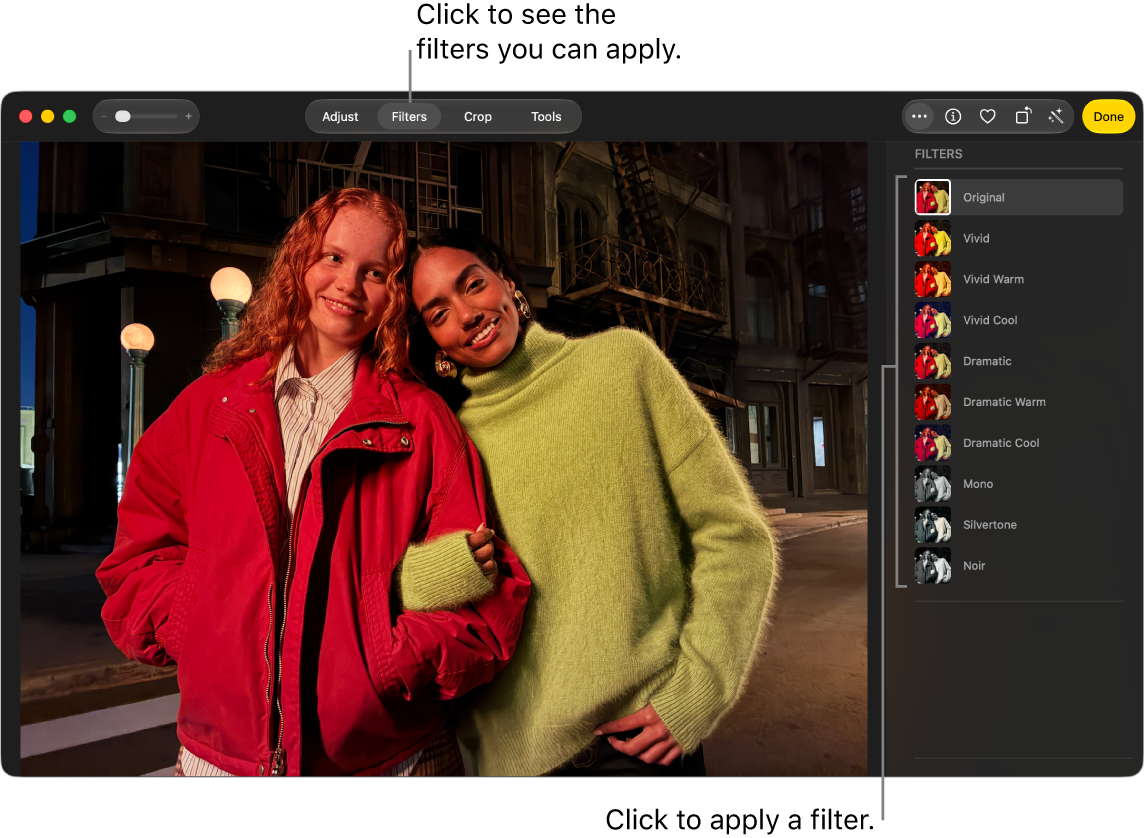 A photo in editing view, with Filters selected in the toolbar and filter options on the right.