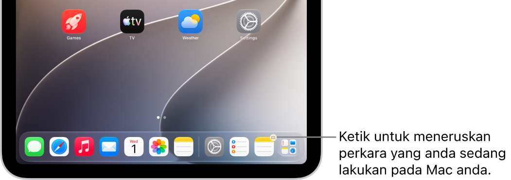 Ikon Handoff kelihatan dalam Dock pada iPad.
