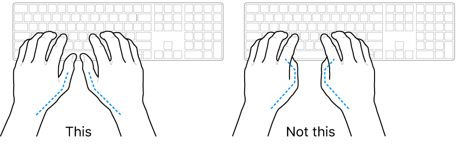 Hands positioned over a keyboard, showing correct and incorrect placement of thumbs.
