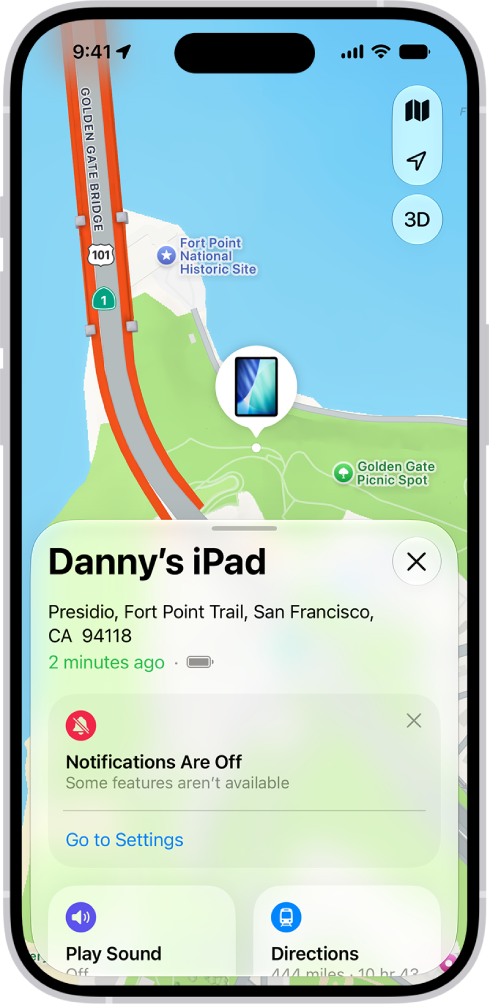 L’app Localiser affichant la position d’un iPad sur un plan.