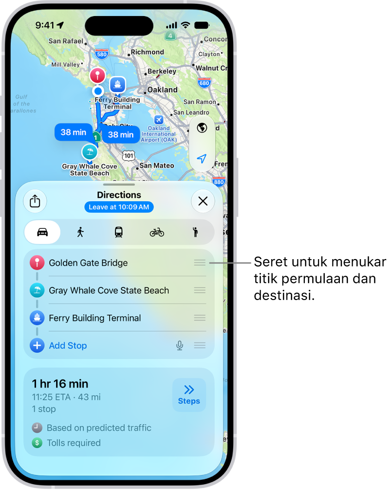 Peta dengan beberapa laluan berkemungkinan untuk arah memandu antara Lokasi Saya dan destinasi.