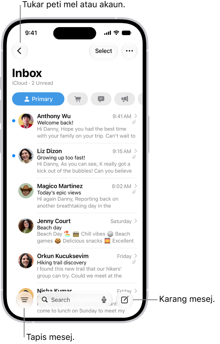 Peti Masuk Mail, menunjukkan senarai e-mel.