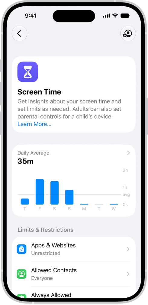 Un graphique «&nbsp;Moyenne quotidienne&nbsp;» de «&nbsp;Temps d’écran&nbsp;» affichant le temps total passé sur l’appareil.