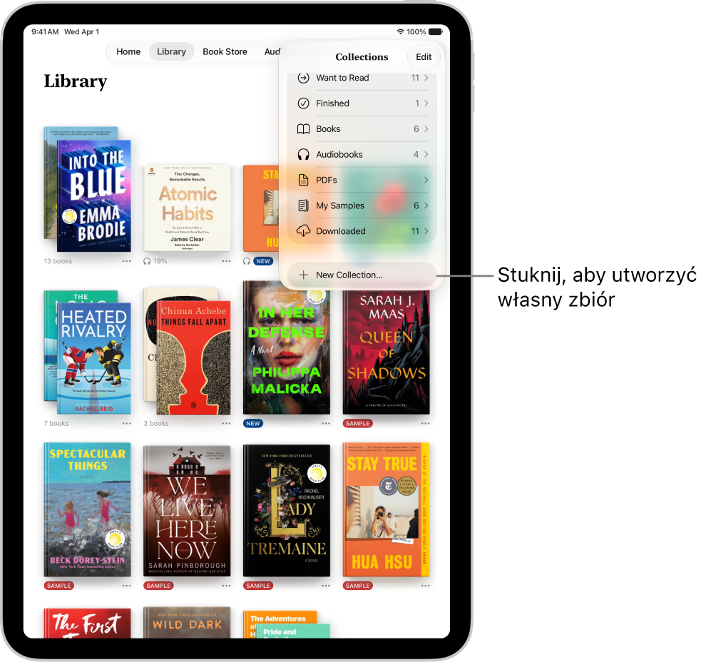 Ekran Biblioteka w&nbsp;aplikacji Książki. U&nbsp;góry ekranu widoczne jest otwarte menu Zbiory, zawierające takie pozycje, jak Audiobooki oraz Pliki PDF.