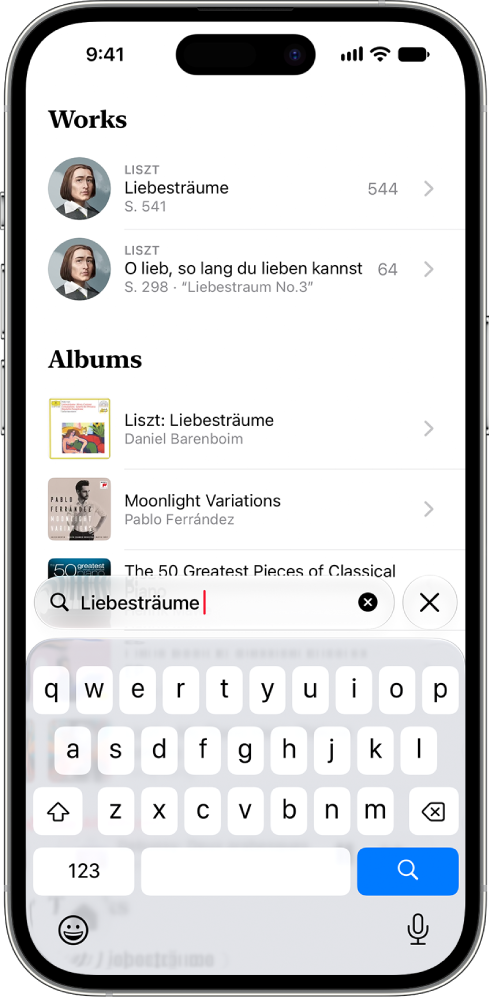 An iPhone showing the Search tab in Apple Music Classical. The search field is at the bottom of the screen, and a list of results is above it.