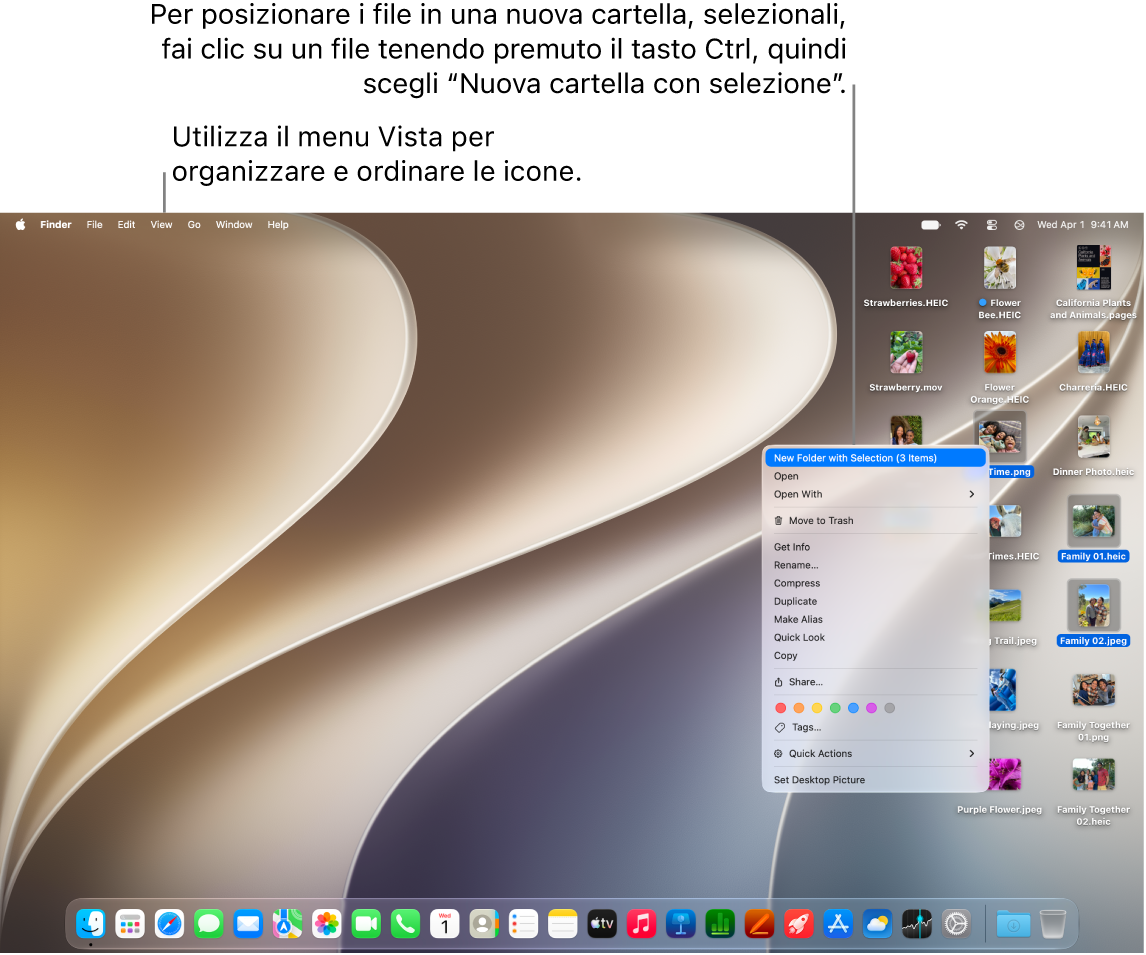 La scrivania del Mac che mostra lo sfondo, la barra dei menu nella parte superiore e il Dock in basso