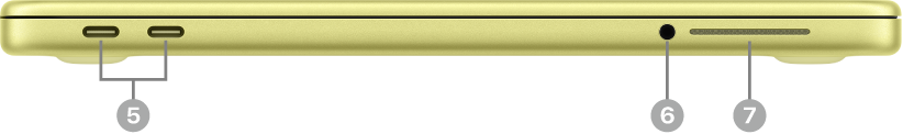 The left side of MacBook Neo showing two USB-C ports, a 3.5mm audio jack, and speakers.