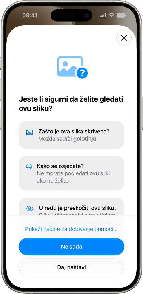 Zaslon Sigurnost komunikacije prikazuje upozorenje da slika može biti osjetljiva s opcijama za dobivanje pomoći.