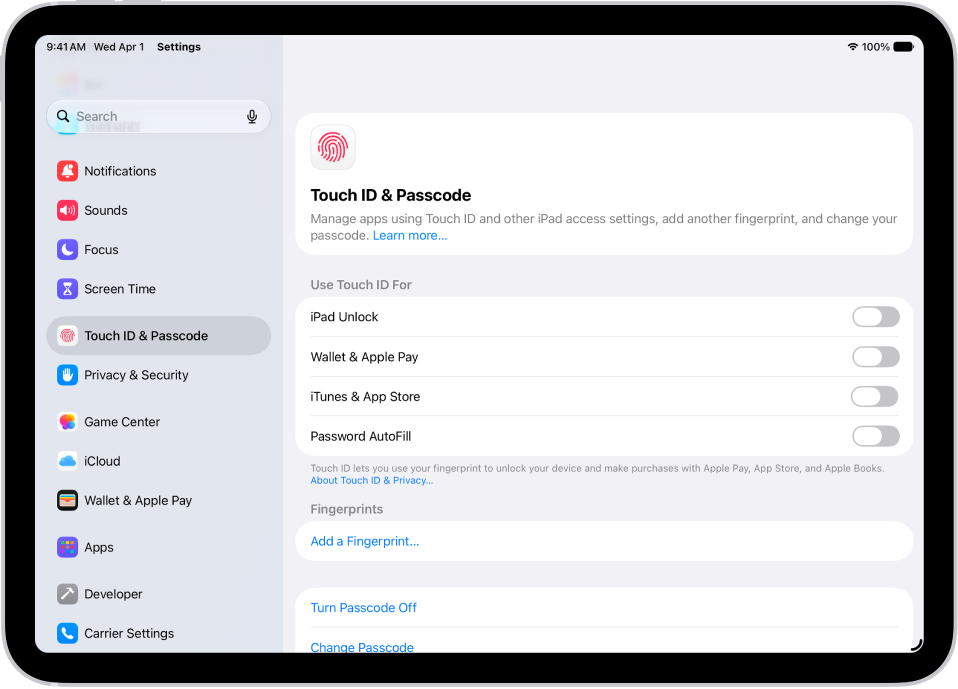 A screen showing settings for Touch ID & Passcode, with options to add a fingerprint and turn passcode on.